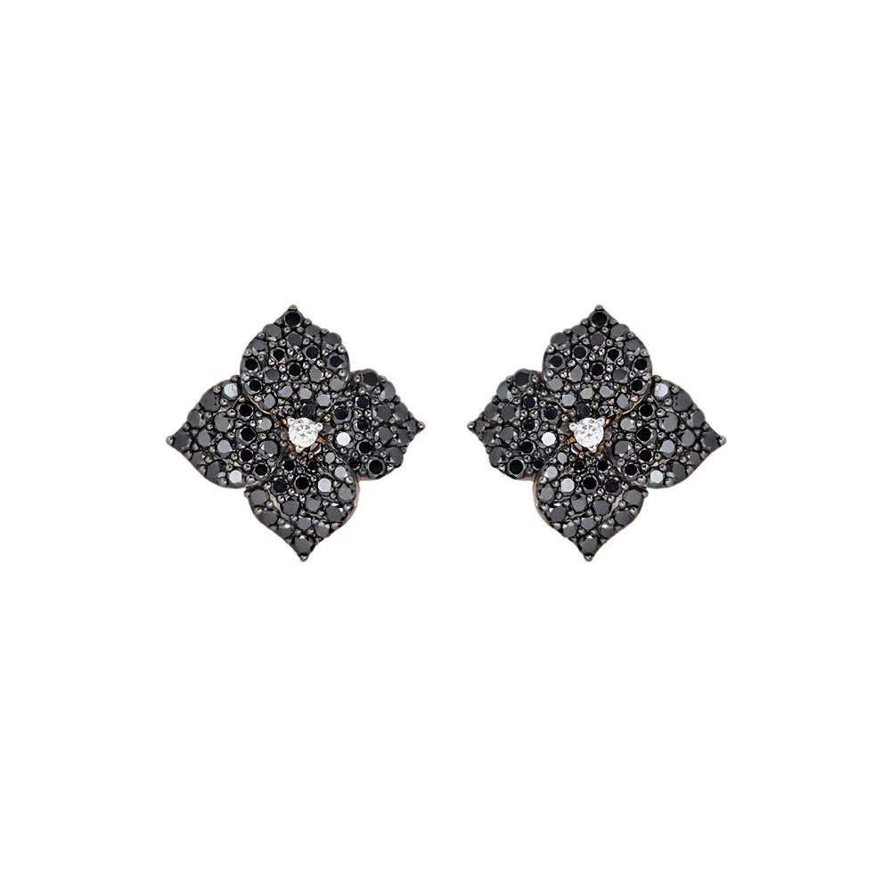 Piranesi 18k Rose Gold Fiore Small Black Diamond Flower Earrings